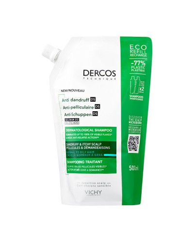 VICHY DERCOS ANTI-DANDRUFF DS ECO REFILL ΣΑΜΠΟΥΑΝ ΚΑΤΑ ΤΗΣ ΠΙΤΥΡΙΔΑΣ ΓΙΑ ΓΙΑ ΚΑΝΟΝΙΚΑ & ΛΙΠΑΡΑ ΜΑΛΛΙΑ 500ML