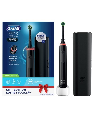 ORAL-B PRO 3 3500 CROSS ACTION BLACK ΕΠΑΝΑΦΟΡΤΙΖΟΜΕΝΗ ΗΛΕΚΤΡΙΚΗ ΟΔΟΝΤΟΒΟΥΡΤΣΑ ΜΕ ΑΙΣΘΗΤΗΡΑ ΠΙΕΣΗΣ 360° & ΔΩΡΟ ΘΗΚΗ ΤΑΞΙΔΙΟΥ