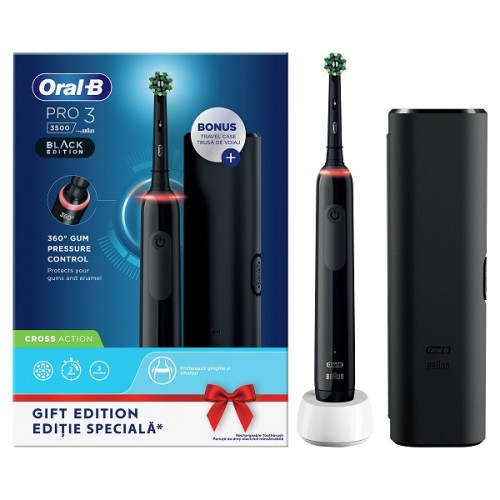 ORAL-B PRO 3 3500 CROSS ACTION BLACK ΕΠΑΝΑΦΟΡΤΙΖΟΜΕΝΗ ΗΛΕΚΤΡΙΚΗ ΟΔΟΝΤΟΒΟΥΡΤΣΑ ΜΕ ΑΙΣΘΗΤΗΡΑ ΠΙΕΣΗΣ 360° & ΔΩΡΟ ΘΗΚΗ ΤΑΞΙΔΙΟΥ