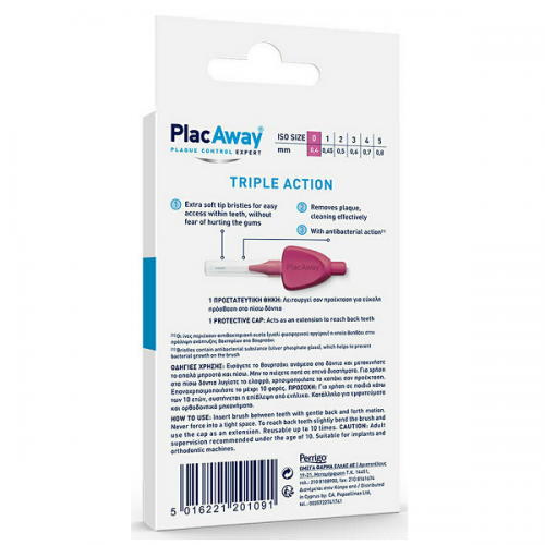 PLAC AWAY TRIPLE ACTION ΜΕΣΟΔΟΝΤΙΑ ΒΟΥΡΤΣΑΚΙΑ 0.4MM ISO 0 ΡΟΖ 6ΤΜΧ