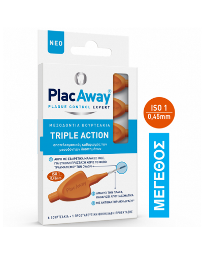 PLAC AWAY TRIPLE ACTION ΜΕΣΟΔΟΝΤΙΑ ΒΟΥΡΤΣΑΚΙΑ 0.45MM ISO 1 ΠΟΡΤΟΚΑΛΙ 6ΤΜΧ