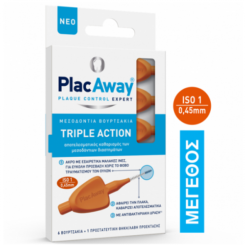 PLAC AWAY TRIPLE ACTION ΜΕΣΟΔΟΝΤΙΑ ΒΟΥΡΤΣΑΚΙΑ 0.45MM ISO 1 ΠΟΡΤΟΚΑΛΙ 6ΤΜΧ