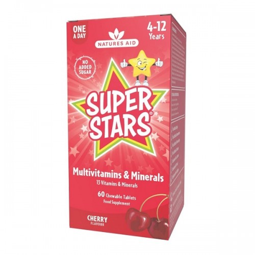 NATURES AID SUPER STARS MULTIVITAMIN (4-12 YEARS) CHERRY 60 CHEWABLE TABS