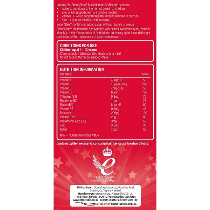 NATURES AID SUPER STARS MULTIVITAMIN (4-12 YEARS) CHERRY 60 CHEWABLE TABS NATURES AID SUPER STARS MULTIVITAMIN (4-12 YEARS) CHERRY 60 CHEWABLE TABS