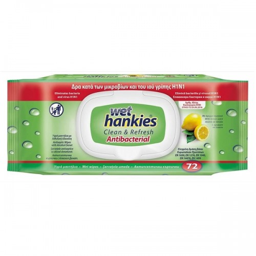 WET HANKIES CLEAN & PROTECT ANTIBACTERIAL WIPES LEMON 72τμχ