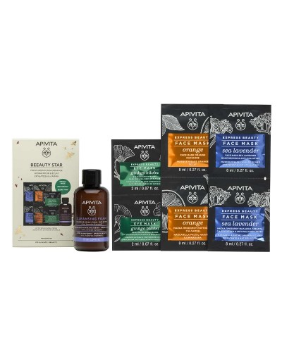 APIVITA BEEAUTY STAR EXPRESS MASKS ΜΑΣΚΑ ΠΡΟΣΩΠΟΥ ΘΑΛΑΣΣΙΑ ΛΕΒΑΝΤΑ 2X8ML & ΜΑΣΚΑ ΠΡΟΣΩΠΟΥ ΠΟΡΤΟΚΑΛΙ 2X8ML & ΜΑΣΚΑ ΜΑΤΙΩΝ GINGKO BILOBA 2X8ML & ΑΦΡΟΣ ΚΑΘΑΡΙΣΜΟΥ 75ML
