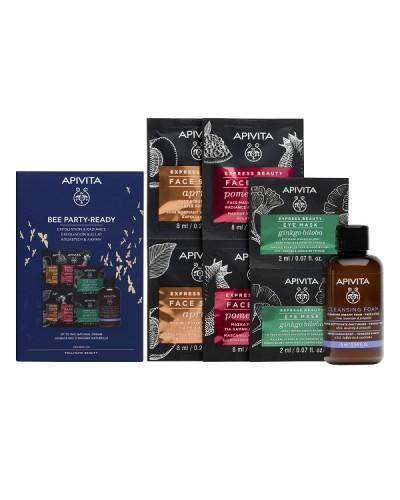 APIVITA PROMO BEE PARTY-READY EXPRESS BEAUTY ΜΑΣΚΑ ΠΡΟΣΩΠΟΥ ΡΟΔΙ 2x8ml & ΜΑΣΚΑ ΜΑΤΙΩΝ GINGKO BILOBA  2x2ml & SCRUB ΠΡΟΣΩΠΟΥ ΒΕΡΙΚΟΚΟ 2x8ml & ΜINI KΡΕΜΩΔΗΣ ΑΦΡΟΣ ΚΑΘΑΡΙΣΜΟΥ ΓΙΑ ΠΡΟΣΩΠΟ & ΜΑΤΙΑ & 75ml