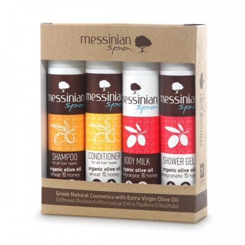 MESSINIAN SPA PROMO  TRAVEL KIT Νο 1 - SHOWER GEL POMEGRANATE & HONEY 55ML SHAMPOO WHEAT & HONEY 55ML BODY MILK POMEGRANATE & HONEY 55ML CONDITIONER WHEAT & HONEY 55ML