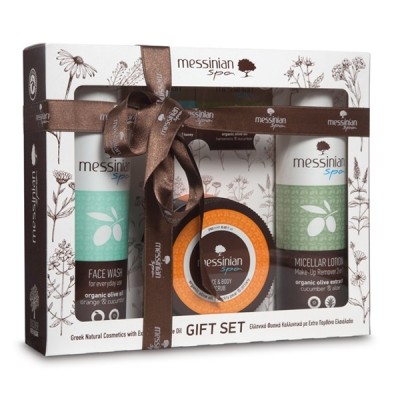 MESSINIAN SPA PROMO CUCUMBER & ALOE MICELLAR LOTION MAKE-UP REMOVER 3 IN 1 300ML & ORANGE & CUCUMBER FACE WASH 300ML & PRICKLY PEAR & DITTANY FACE & BODY SCRUB 250ML