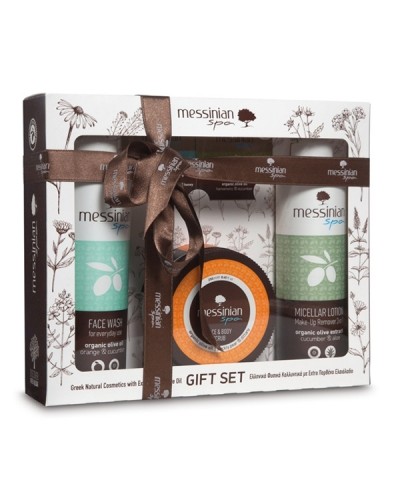 MESSINIAN SPA GIFT SET CUCUMBER & ALOE MICELLAR LOTION MAKE-UP REMOVER 3 IN 1 300ML & ORANGE & CUCUMBER FACE WASH 300ML & PRICKLY PEAR & DITTANY FACE & BODY SCRUB 250ML
