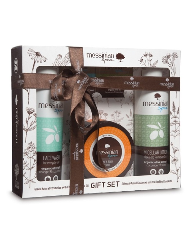 MESSINIAN SPA GIFT SET CUCUMBER & ALOE MICELLAR LOTION MAKE-UP REMOVER 3 IN 1 300ML & ORANGE & CUCUMBER FACE WASH 300ML & PRICKLY PEAR & DITTANY FACE & BODY SCRUB 250ML