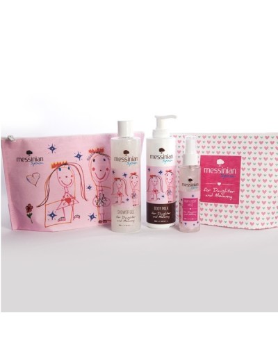 MESSINIAN SPA PROMO MOMMY & DAUGHTER SHOWER GEL 300ML & BODY MILK 300ML & HAIR & BODY MIST 100ML & FREE GIFT COSMETIC BAG