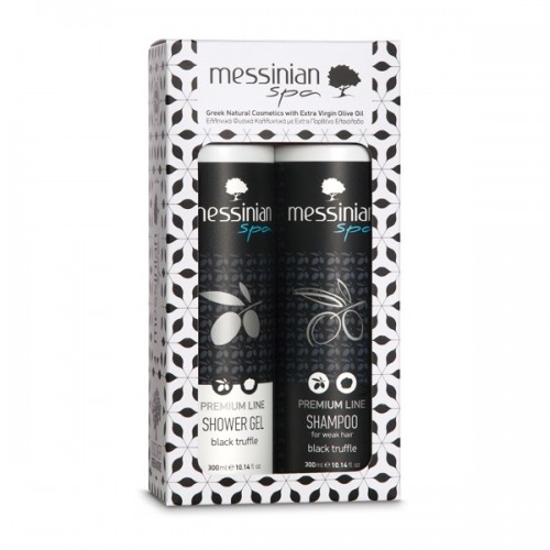 MESSINIAN SPA PROMO PREMIUM LINE BLACK TRUFFLE SHOWER GEL BLACK 300ML & SHAMPOO FOR WEAK HAIR 300ML