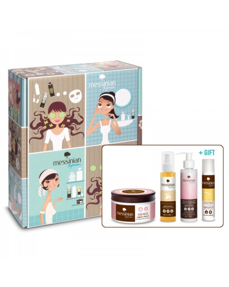 MESSINIAN SPA VINTAGE BOX LIFE ISN'T PERFECT, BUT YOUR HAIR CAN BE - HAIR MASK POMEGRANATE-LAUREL 250ML + PRECIOUS HAIR OIL ARGAN-GRAPE-ALMOND 100ML + LEAVE IN CONDITIONER 150ML + ΔΩΡΟ HAIR CONDITIONER 55ML