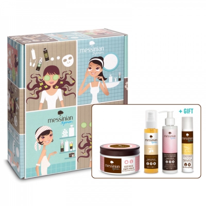 MESSINIAN SPA VINTAGE BOX LIFE ISN'T PERFECT, BUT YOUR HAIR CAN BE - HAIR MASK POMEGRANATE-LAUREL 250ML + PRECIOUS HAIR OIL ARGAN-GRAPE-ALMOND 100ML + LEAVE IN CONDITIONER 150ML + ΔΩΡΟ HAIR CONDITIONER 55ML