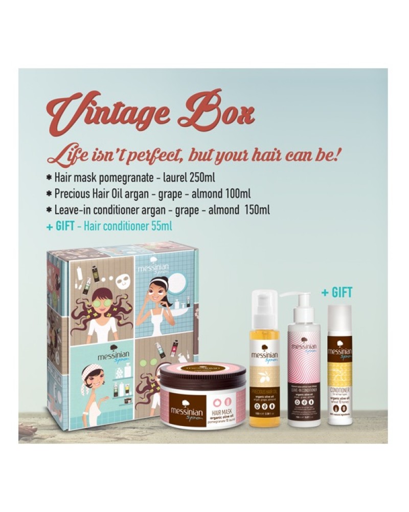 MESSINIAN SPA VINTAGE BOX LIFE ISN'T PERFECT, BUT YOUR HAIR CAN BE - HAIR MASK POMEGRANATE-LAUREL 250ML + PRECIOUS HAIR OIL ARGAN-GRAPE-ALMOND 100ML + LEAVE IN CONDITIONER 150ML + ΔΩΡΟ HAIR CONDITIONER 55ML MESSINIAN SPA VINTAGE BOX LIFE ISN'T PERFECT, BUT YOUR HAIR CAN BE - HAIR MASK POMEGRANATE-LAUREL 250ML + PRECIOUS HAIR OIL ARGAN-GRAPE-ALMOND 100ML + LEAVE IN CONDITIONER 150ML + ΔΩΡΟ HAIR CONDITIONER 55ML