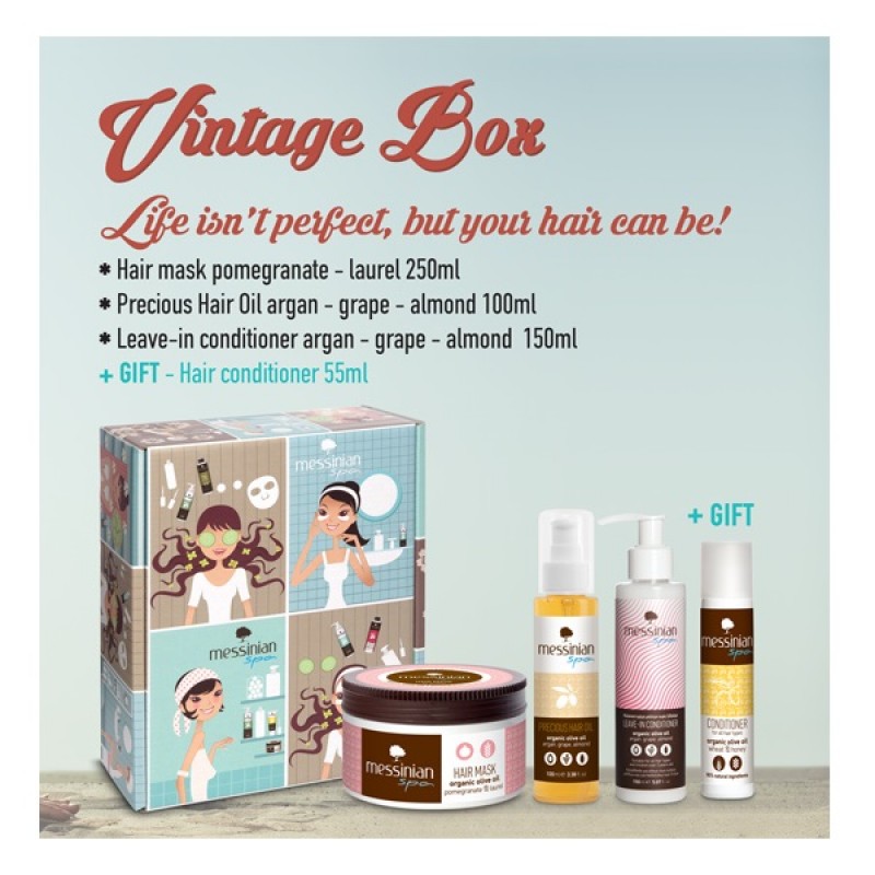 MESSINIAN SPA VINTAGE BOX LIFE ISN'T PERFECT, BUT YOUR HAIR CAN BE - HAIR MASK POMEGRANATE-LAUREL 250ML + PRECIOUS HAIR OIL ARGAN-GRAPE-ALMOND 100ML + LEAVE IN CONDITIONER 150ML + ΔΩΡΟ HAIR CONDITIONER 55ML MESSINIAN SPA VINTAGE BOX LIFE ISN'T PERFECT, BUT YOUR HAIR CAN BE - HAIR MASK POMEGRANATE-LAUREL 250ML + PRECIOUS HAIR OIL ARGAN-GRAPE-ALMOND 100ML + LEAVE IN CONDITIONER 150ML + ΔΩΡΟ HAIR CONDITIONER 55ML