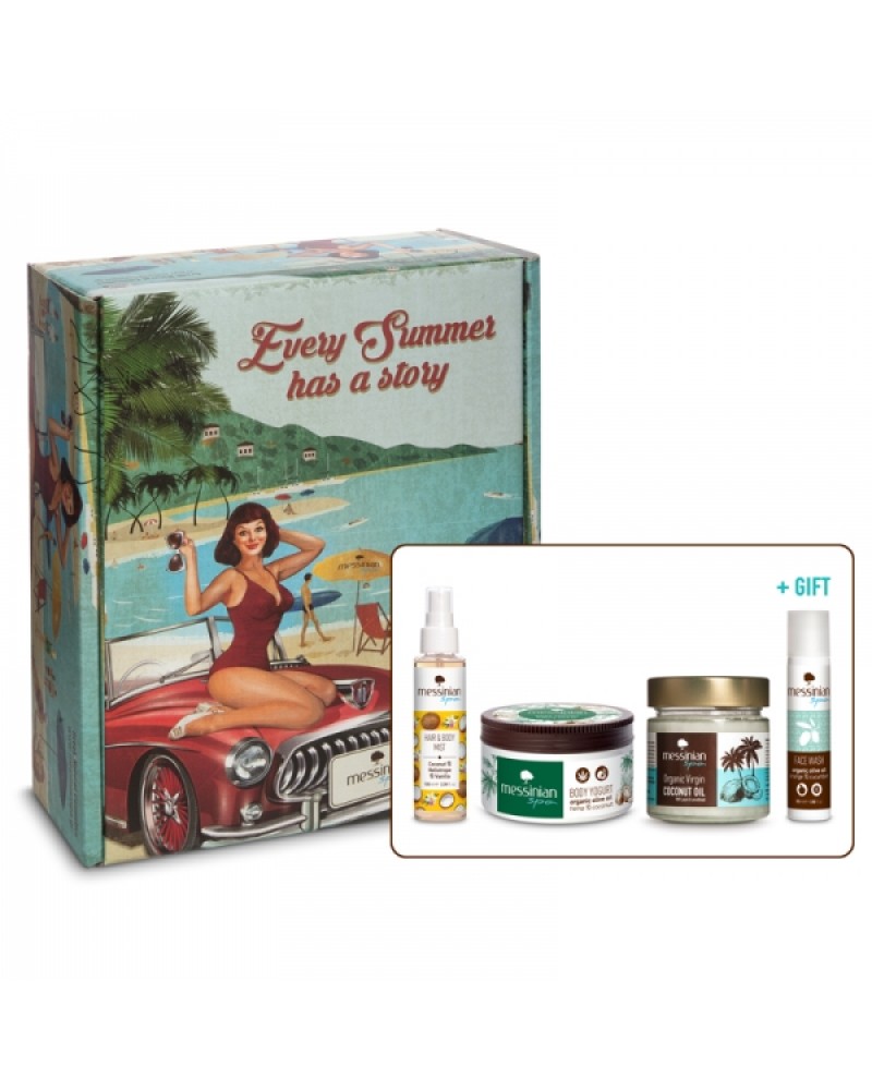 MESSINIAN SPA VINTAGE BOX ECOLIFE TROPICAL VIBES – HAIR & BODY MIST COCONUT-HELIOTROPE-VANILLA 100ML + BODY YOGURT HEMP & COCONUT 250ML + ORGANIC VIRGIN COCONUT OIL 190ML + ΔΩΡΟ FACE WASH CUCUMBER-ORGANGE 55ML MESSINIAN SPA VINTAGE BOX ECOLIFE TROPICAL VIBES – HAIR & BODY MIST COCONUT-HELIOTROPE-VANILLA 100ML + BODY YOGURT HEMP & COCONUT 250ML + ORGANIC VIRGIN COCONUT OIL 190ML + ΔΩΡΟ FACE WASH CUCUMBER-ORGANGE 55ML