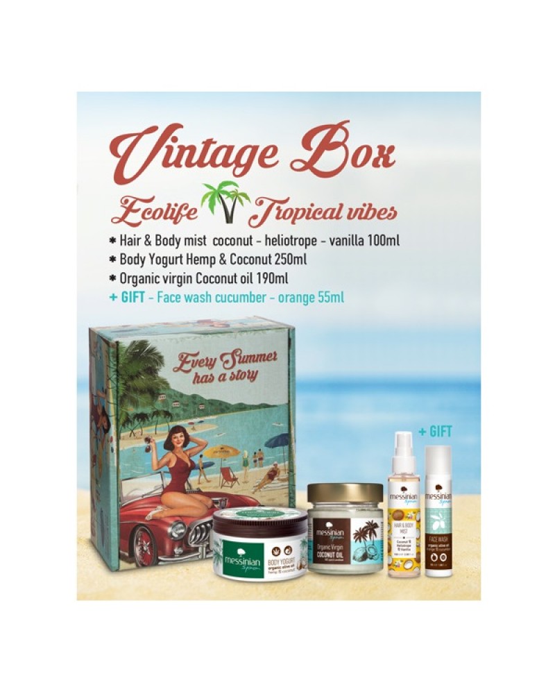 MESSINIAN SPA VINTAGE BOX ECOLIFE TROPICAL VIBES – HAIR & BODY MIST COCONUT-HELIOTROPE-VANILLA 100ML + BODY YOGURT HEMP & COCONUT 250ML + ORGANIC VIRGIN COCONUT OIL 190ML + ΔΩΡΟ FACE WASH CUCUMBER-ORGANGE 55ML MESSINIAN SPA VINTAGE BOX ECOLIFE TROPICAL VIBES – HAIR & BODY MIST COCONUT-HELIOTROPE-VANILLA 100ML + BODY YOGURT HEMP & COCONUT 250ML + ORGANIC VIRGIN COCONUT OIL 190ML + ΔΩΡΟ FACE WASH CUCUMBER-ORGANGE 55ML