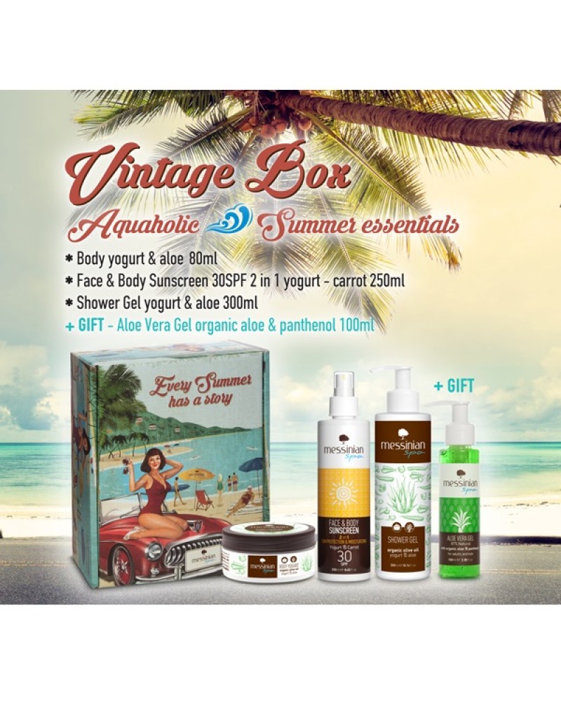 MESSINIAN SPA VINTAGE BOX AQUAHOLIC SUMMER ESSENTIALS - BODY YOGURT ALOE 80ML + FACE & BODY SUNSCREEN 30SPF 250ML + SHOWER GEL YOGURT-ALOE 300ML + ΔΩΡΟ ALOE VERA GEL ORGANIC ALOE & PANTHENOL 100ML MESSINIAN SPA VINTAGE BOX AQUAHOLIC SUMMER ESSENTIALS - BODY YOGURT ALOE 80ML + FACE & BODY SUNSCREEN 30SPF 250ML + SHOWER GEL YOGURT-ALOE 300ML + ΔΩΡΟ ALOE VERA GEL ORGANIC ALOE & PANTHENOL 100ML