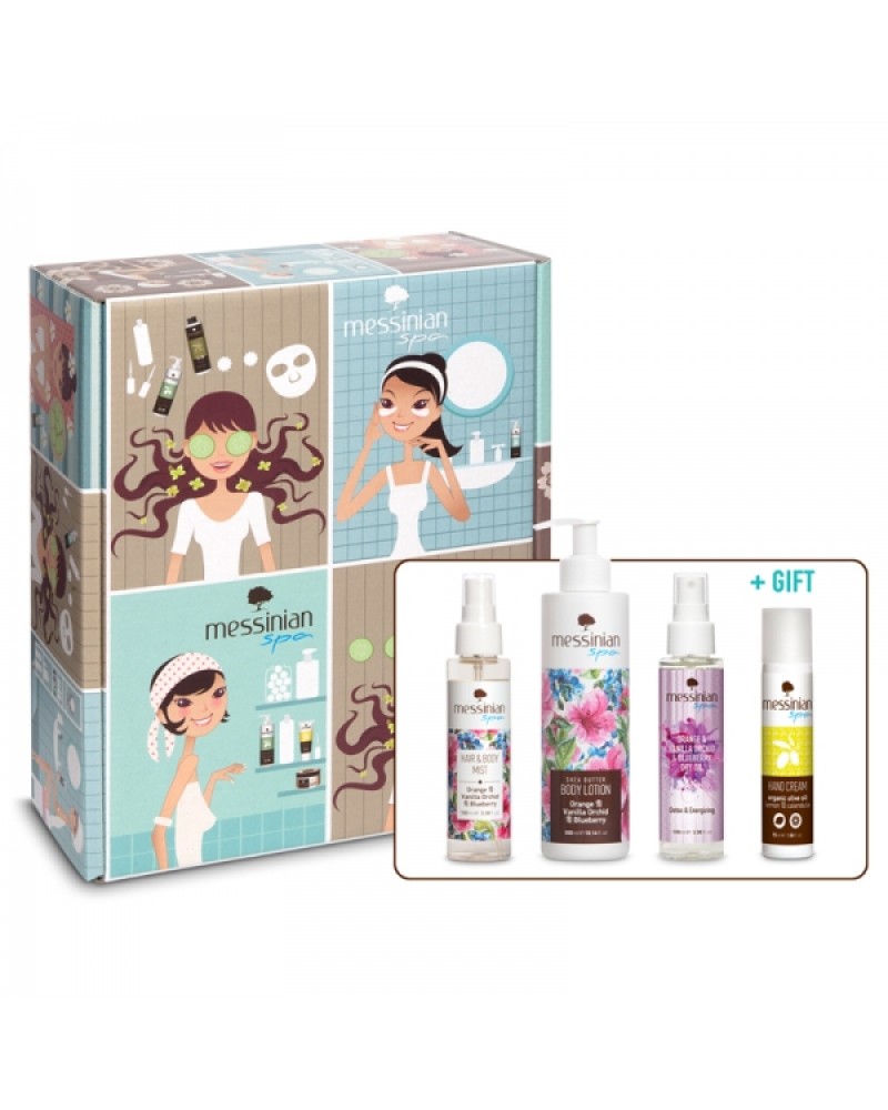 MESSINIAN SPA VINTAGE BOX BEAUTY IN BLOOM - BODY LOTION 300ML + HAIR & BODY MIST 100ML + DRY OIL ORANGE-VANILLA-BLUBBERY 100ML ΔΩΡΟ HAND CREAM LEMON & CALENDULA 55ML MESSINIAN SPA VINTAGE BOX BEAUTY IN BLOOM - BODY LOTION 300ML + HAIR & BODY MIST 100ML + DRY OIL ORANGE-VANILLA-BLUBBERY 100ML ΔΩΡΟ HAND CREAM LEMON & CALENDULA 55ML