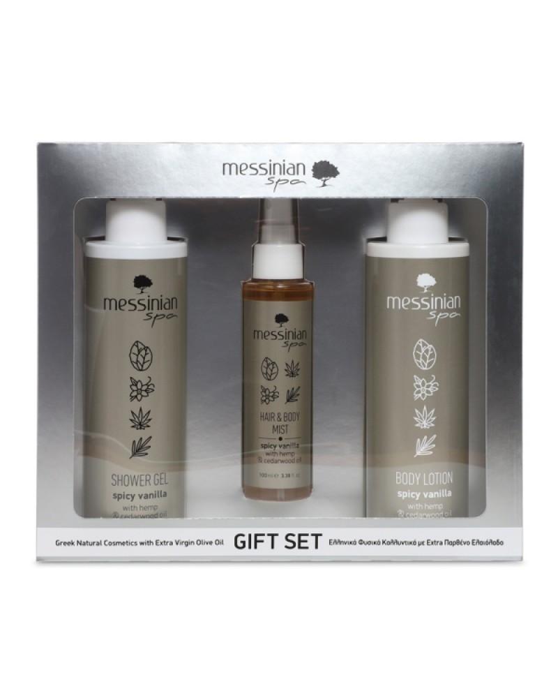 MESSINIAN SPA GIFT SET SILVER - SPICY VANILLA SHOWER GEL 300ML & BODY MILK 300ML & HAIR & BODY MIST 100ML MESSINIAN SPA GIFT SET SILVER - SPICY VANILLA SHOWER GEL 300ML & BODY MILK 300ML & HAIR & BODY MIST 100ML