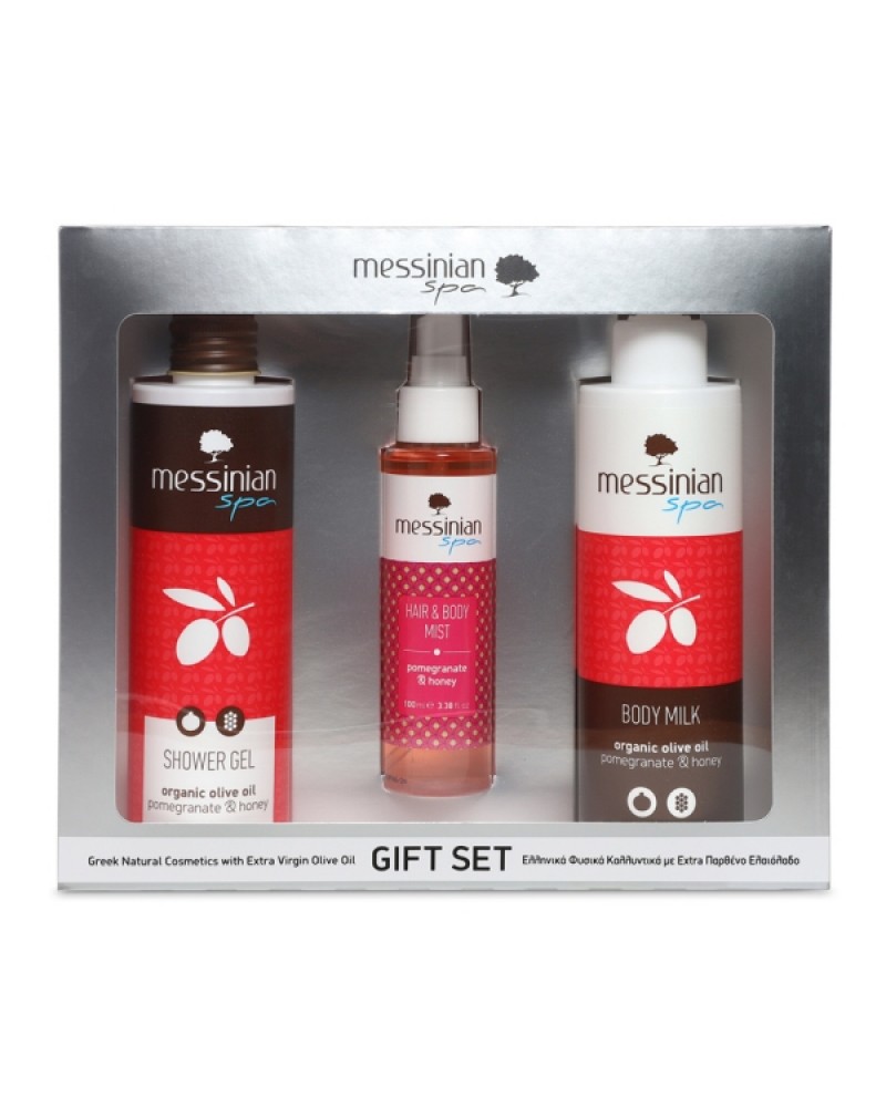 MESSINIAN SPA GIFT SET SILVER - POMEGRANATE & HONEY SHOWER GEL 300ML & BODY MILK 300ML & HAIR & BODY MIST 100ML MESSINIAN SPA GIFT SET SILVER - POMEGRANATE & HONEY SHOWER GEL 300ML & BODY MILK 300ML & HAIR & BODY MIST 100ML