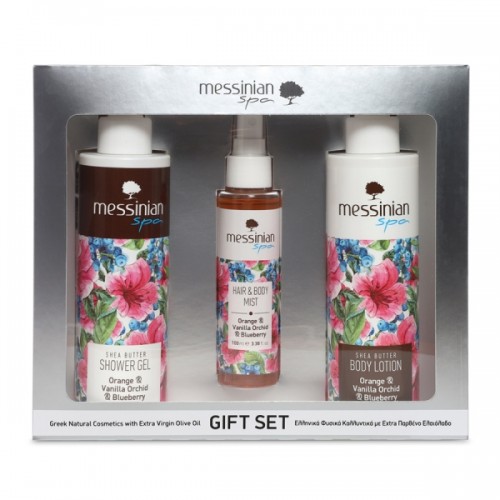 MESSINIAN SPA PROMO ORANGE & VANILLA ORCHID & BLUEBERRY SHOWER GEL 300ML & BODY MILK 300ML & HAIR & BODY MIST 100ML