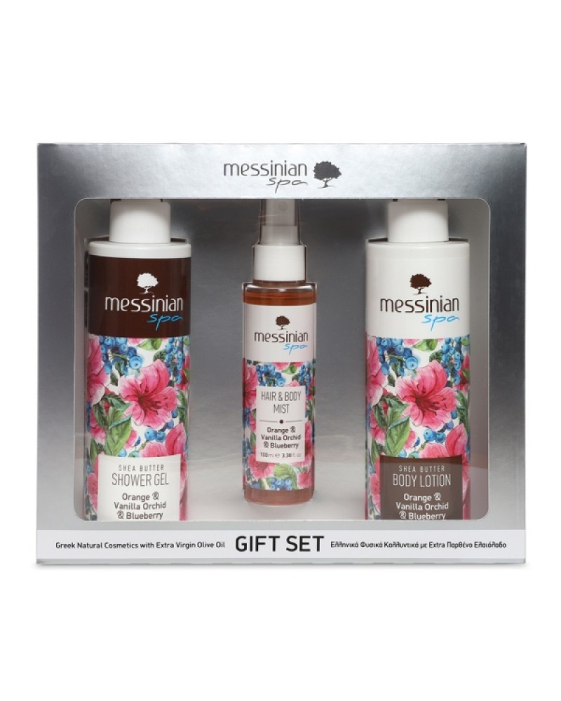 MESSINIAN SPA GIFT SET SILVER - ORANGE & VANILLA ORCHID & BLUEBERRY SHOWER GEL 300ML & BODY MILK 300ML & HAIR & BODY MIST 100ML MESSINIAN SPA GIFT SET SILVER - ORANGE & VANILLA ORCHID & BLUEBERRY SHOWER GEL 300ML & BODY MILK 300ML & HAIR & BODY MIST 100ML