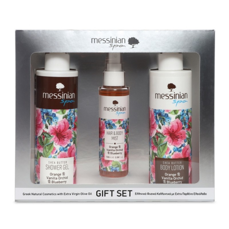 MESSINIAN SPA PROMO ORANGE & VANILLA ORCHID & BLUEBERRY SHOWER GEL 300ml & BODY MILK 300ml & HAIR & BODY MIST 100ml