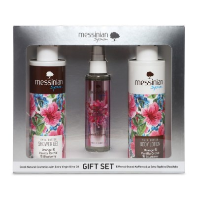 MESSINIAN SPA PROMO ORANGE & VANILLA ORCHID & BLUEBERRY SHOWER GEL 300ML & BODY MILK 300ML & DRY OIL 100ML