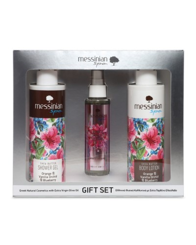 MESSINIAN SPA PROMO ORANGE & VANILLA ORCHID & BLUEBERRY SHOWER GEL 300ML & BODY MILK 300ML & DRY OIL 100ML