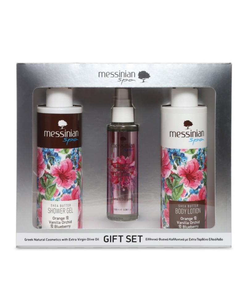 MESSINIAN SPA GIFT SET SILVER - ORANGE & VANILLA ORCHID & BLUEBERRY SHOWER GEL 300ML & BODY MILK 300ML & DRY OIL 100ML MESSINIAN SPA GIFT SET SILVER - ORANGE & VANILLA ORCHID & BLUEBERRY SHOWER GEL 300ML & BODY MILK 300ML & DRY OIL 100ML
