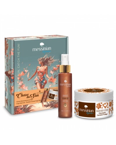 MESSINIAN SPA PROMO CHASE THE SUN BRONZE SHIMMERING DRY OIL 100ml & SUGAR BODY SCRUB CHOCOLATE - CARAMEL FUDGE 250ml