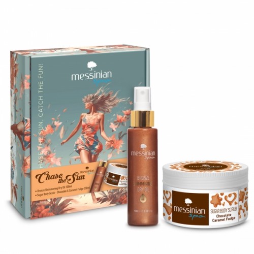 MESSINIAN SPA PROMO CHASE THE SUN BRONZE SHIMMERING DRY OIL 100ml & SUGAR BODY SCRUB CHOCOLATE - CARAMEL FUDGE 250ml