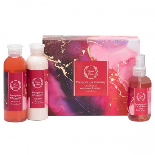 FRESH LINE PROMO XMAS POMEGRANATE & CRANBERRY SHOWER GEL 200ML & BODY MILK 200ML & BODY WATER 150ML