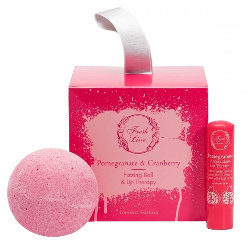 FRESH LINE PROMO XMAS POMEGRANATE & CRANBERRY HANDCRAFTED FIZZING BALL ~120G & POMEGRANATE ANTIOXIDANT LIP THERAPY 5,4G