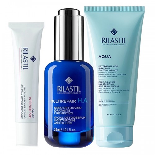 RILASTIL PROMO MULTIREPAIR H.A. FACIAL DETOX SERUM 30ml & AQUA INTENSE 72H GEL-CREAM INTENSIVE MOISTURIZER 15ml & AQUA FACE CLEANSER 50ml