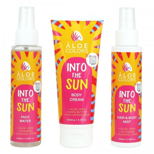 ALOE+COLORS PROMO INTO THE SUN COSMETIC BAG BODY CREAM 100ml + FACE WATER 100ml + HAIR & BODY MIST 100ml