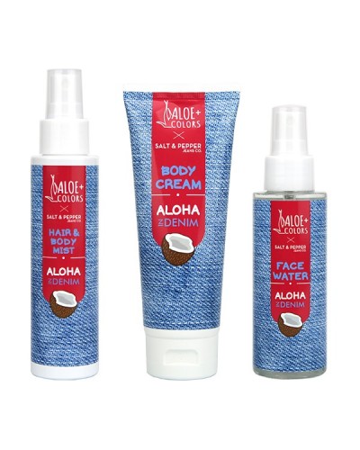 ALOE+COLORS ALOHA IN DENIM BAG BODY CREAM 100ML & HAIR AND BODY MIST 100ML & FACE WATER 100ML