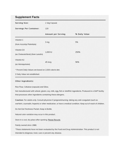 NOW VITAMIN D-3 & K2 1000IU/45MCG 120 VEG. CAPS