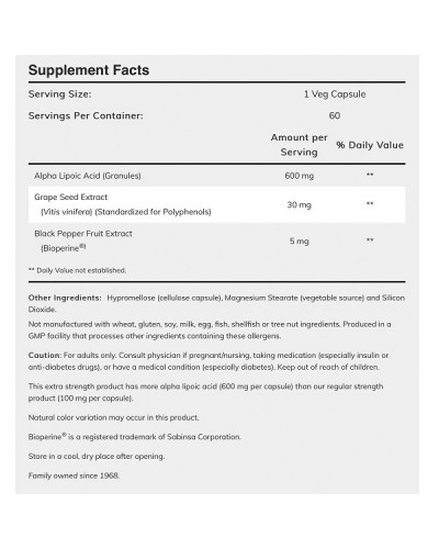 NOW ALPHA LIPOIC ACID 600MG 60VEG. CAPS