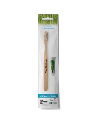 THE HUMBLE CO. TRAVEL KIT TOOTHBRUSH BAMBOO ADULT SOFT WHITE + TOOTHPASTE MINT 7G