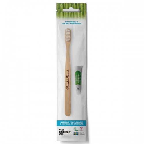 THE HUMBLE CO. TRAVEL KIT TOOTHBRUSH BAMBOO ADULT SOFT WHITE + TOOTHPASTE MINT 7G