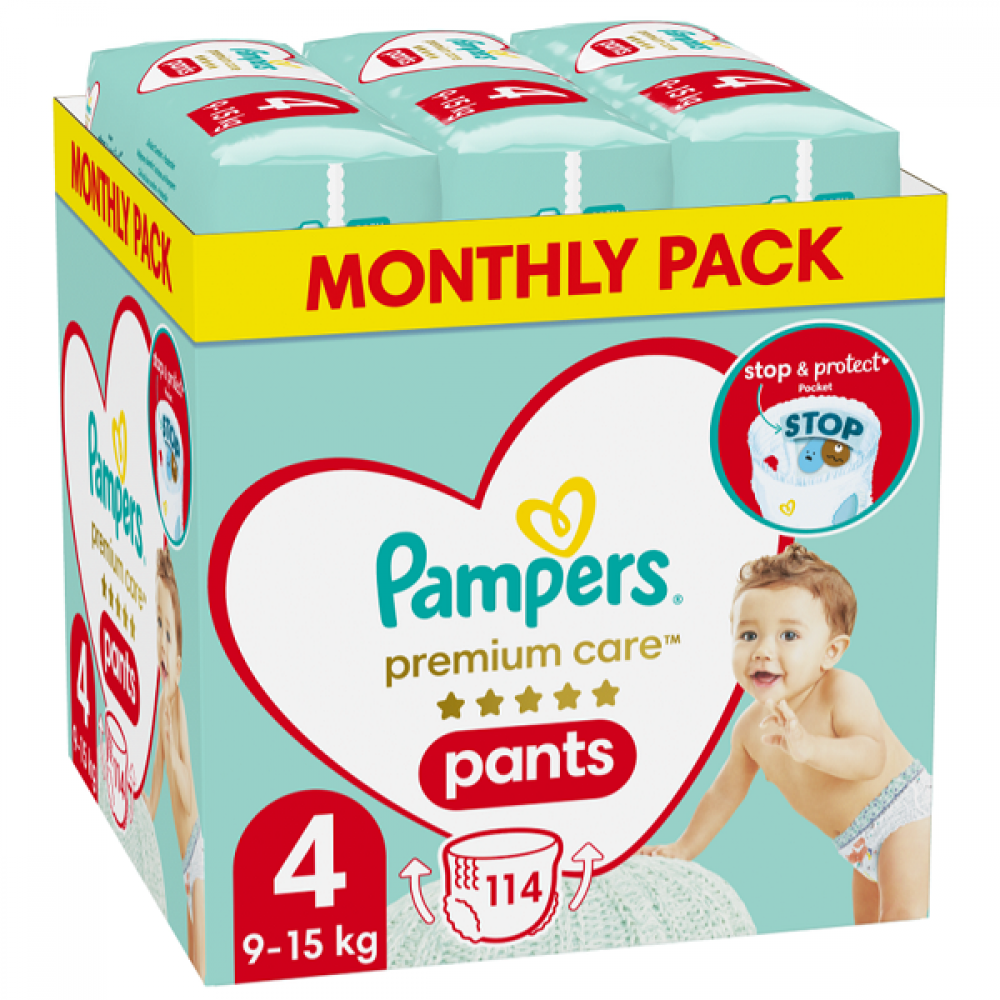 PAMPERS PREMIUM CARE PANTS ΠΑΝΕΣ-ΒΡΑΚΑΚΙ No 4 (9kg-15kg) MONTHLY PACK 114τμχ