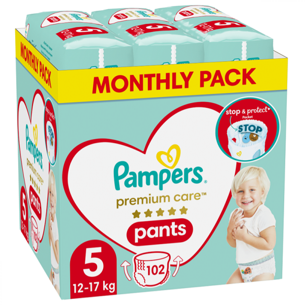 PAMPERS PREMIUM CARE PANTS ΠΑΝΕΣ-ΒΡΑΚΑΚΙ No 5 (12kg-17kg) MONTHLY PACK 102τμχ