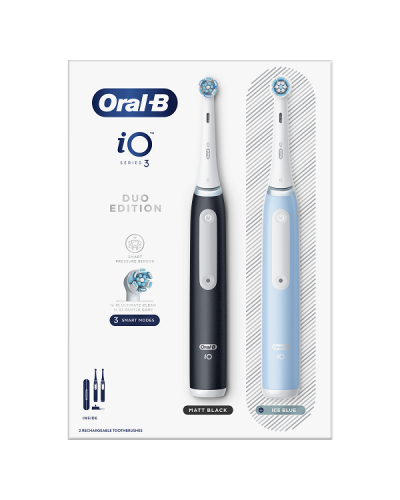 ORAL-B iO SERIES 3 MAGNETIC DUO BLACK & BLUE ΗΛΕΚΤΡΙΚΕΣ ΟΔΟΝΤΟΒΟΥΡΤΣΕΣ ΜΑΥΡΗ & ΜΠΛΕ 2τμχ & ΘΗΚΗ ΤΑΞΙΔΙΟΥ 1τμχ