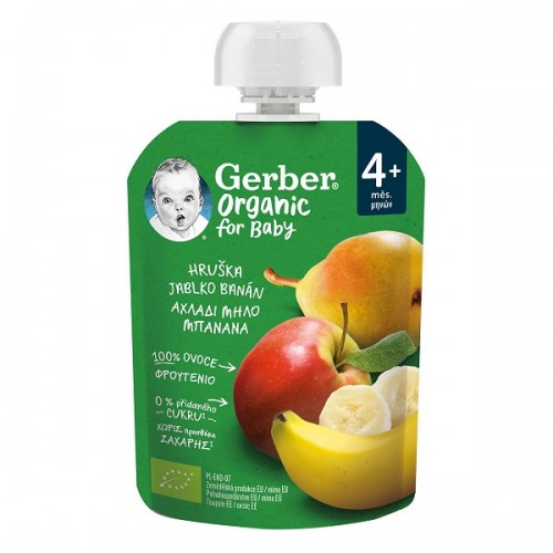 GERBER ORGANIC FOR BABY 4M+ ΦΡΟΥΤΟΠΟΥΡΕΣ ΑΧΛΑΔΙ, ΜΗΛΟ, ΜΠΑΝΑΝΑ 90G