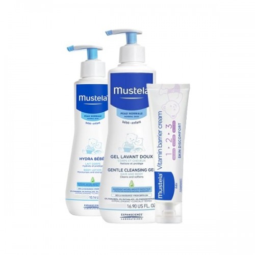 MUSTELA VITAMIN BARRIER CREAM 150ML & HYDRABEBE BODY LOTION 300ML & GENTLE CLEASING GEL 750ML