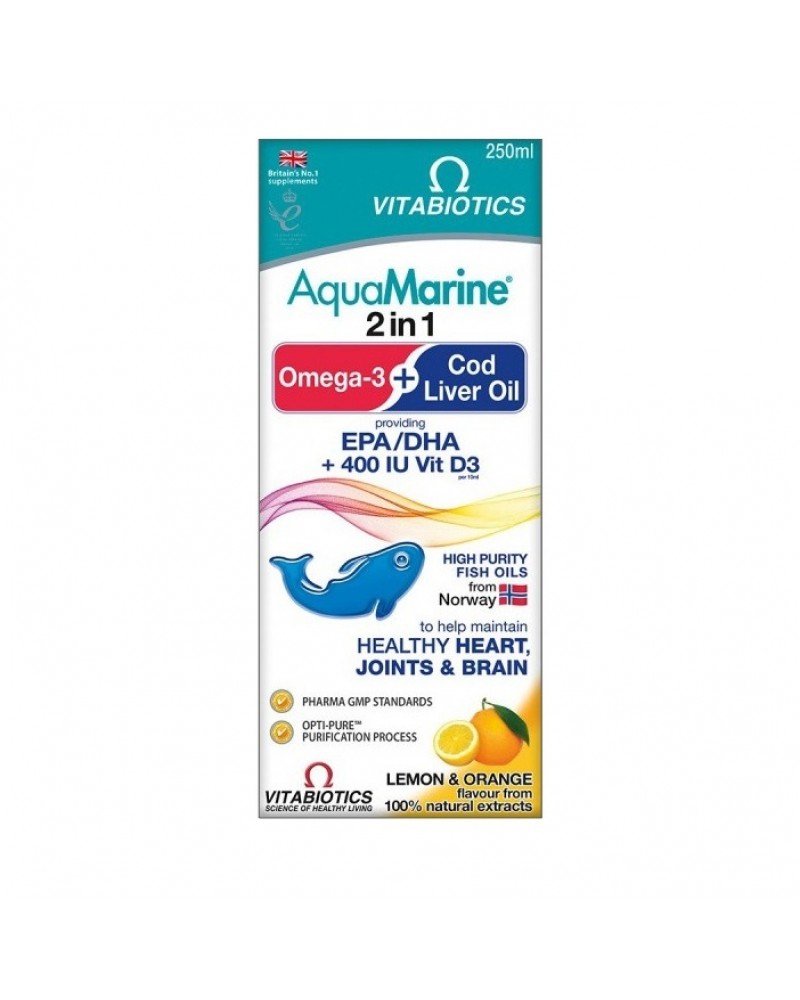 Vitabiotics AquaMarine 2 Σε 1 Μουρουνέλαιο & Ωμέγα 3, Ιχθυέλαιο Υψηλής Καθαρότητας, 250ml